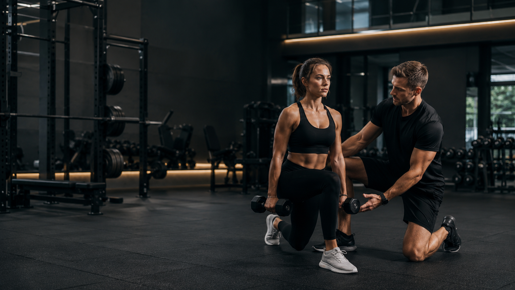 Trainer coaching a client during a strength session
