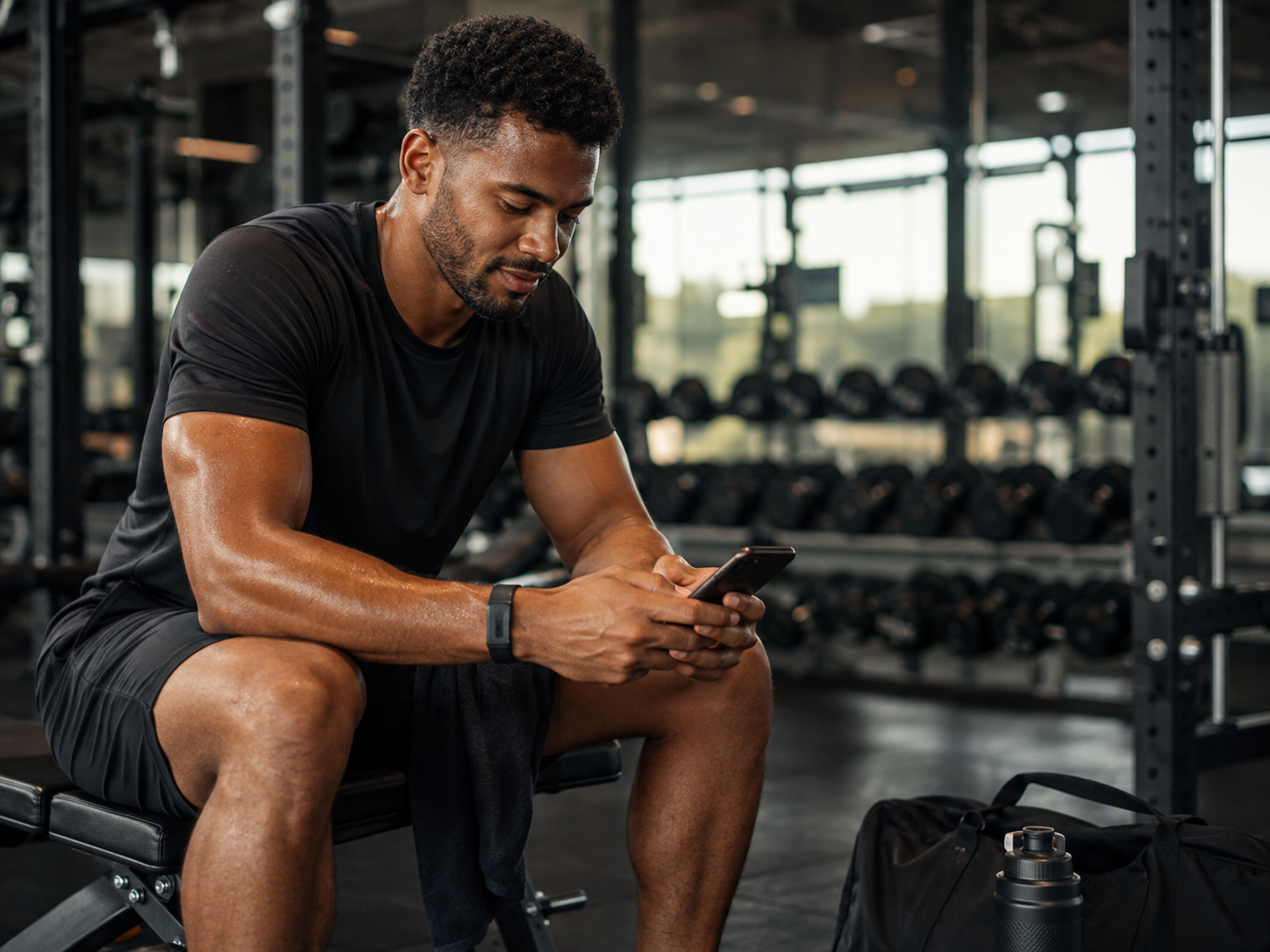 Client reviewing a workout on a smartphone between sets