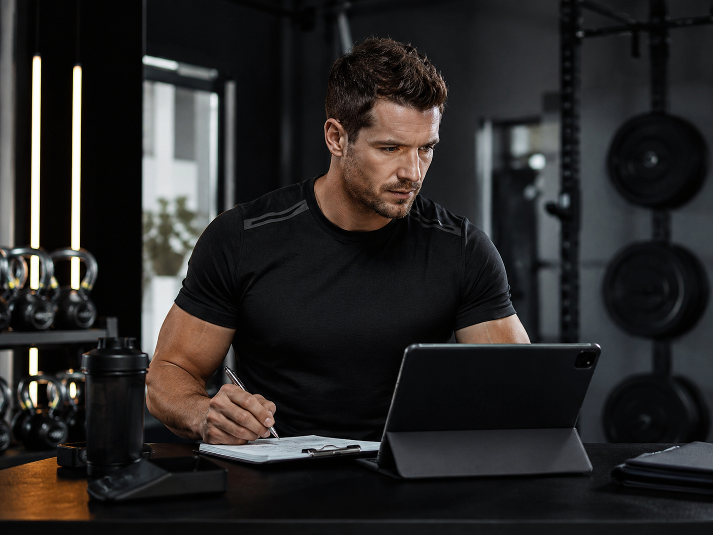 Trainer planning and reviewing client work in a gym