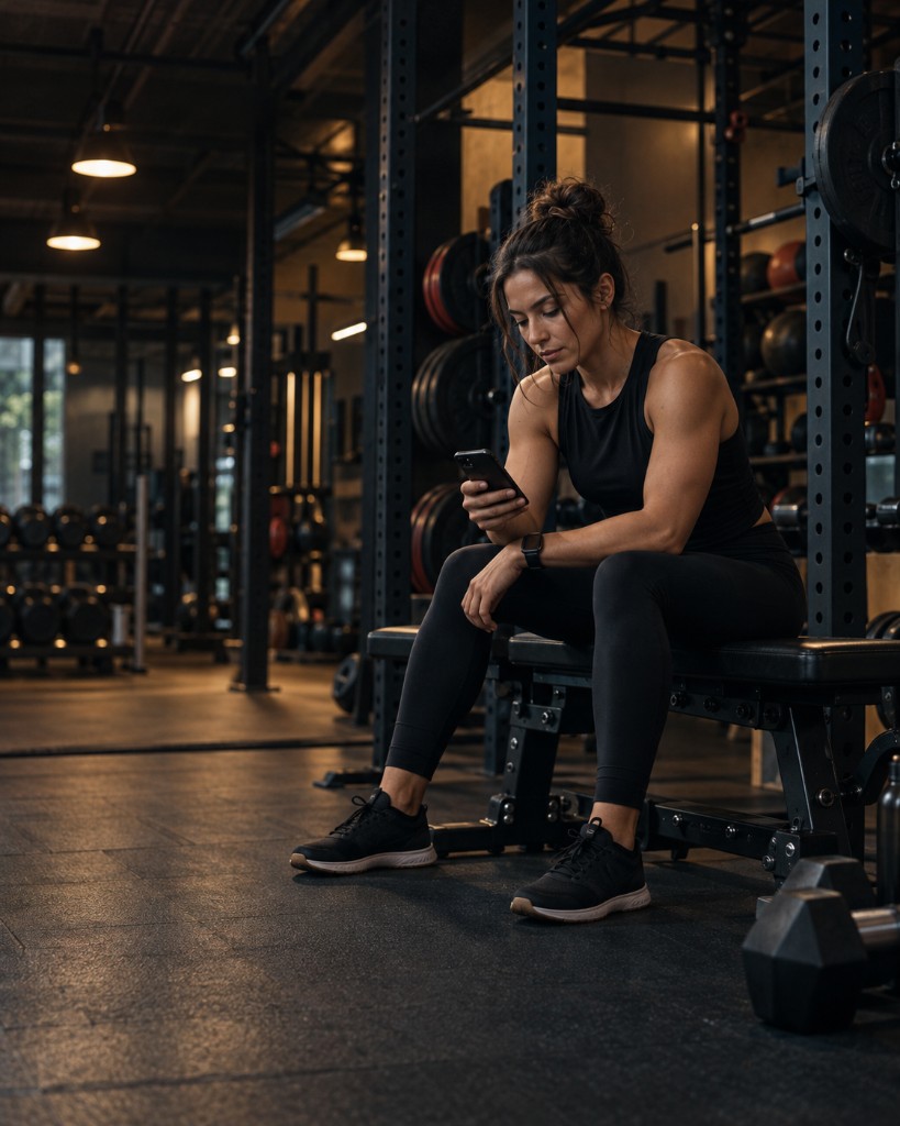 A woman in workout clothes checking her phone on a gym bench.