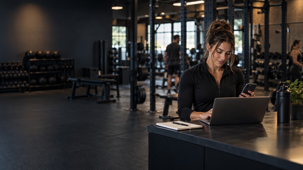 A woman in a gym checking her phone beside an open laptop.